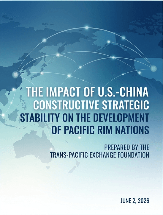 Report cover titled 'The Impact of U.S.-China Constructive Strategic Stability' over a blue map.