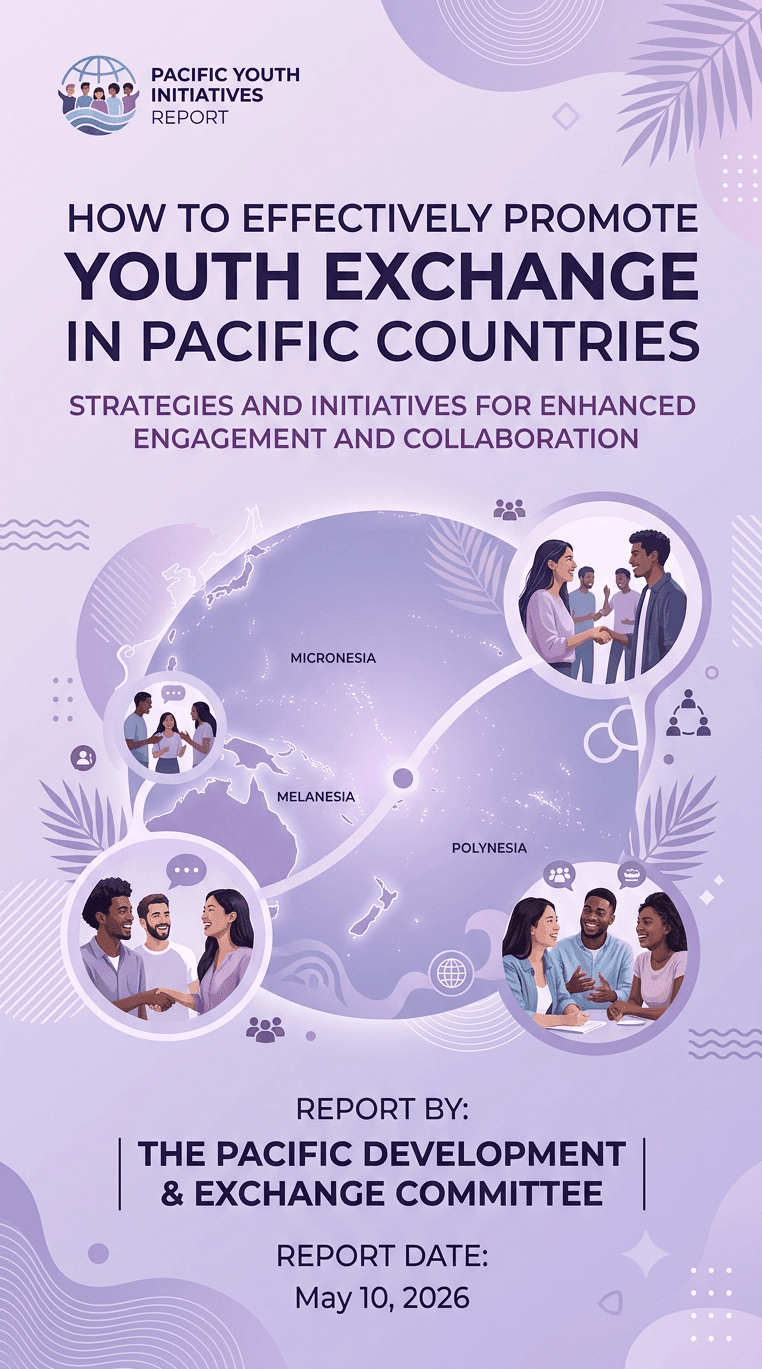 Purple report cover for youth exchange in Pacific countries featuring maps and diverse young people.