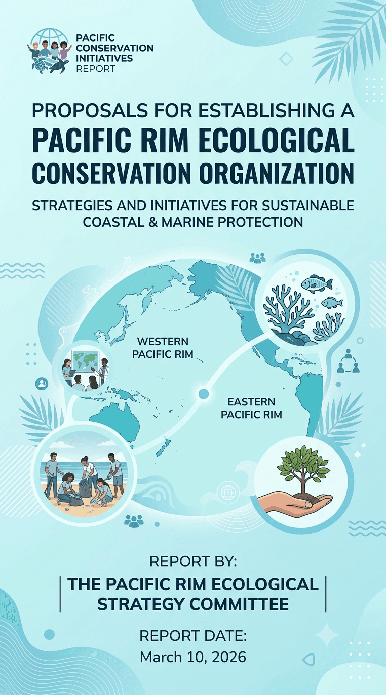 Pacific Rim ecological conservation report cover featuring maps, marine life, beach cleanup, and environmental protection.
